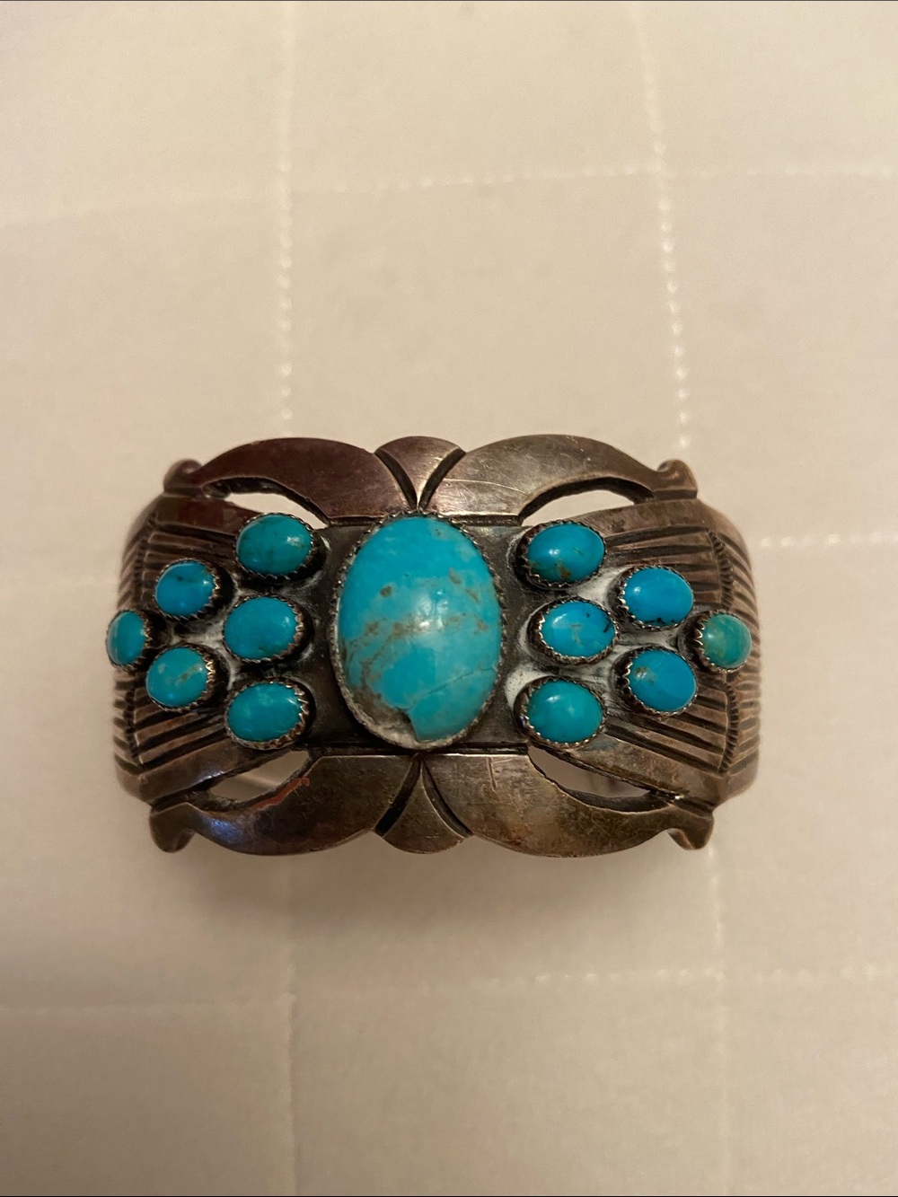 Navajo Rick Martinez Sterling Silver Turquoise Cuff Bracelet Signed